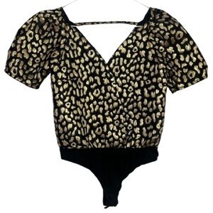 Buddy Love Gold & Black Cheetah Print Puff Sleeve Bodysuit Women’s Size XS